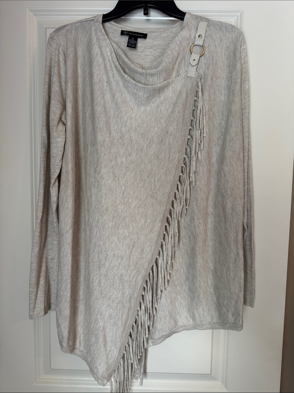 INC International Concepts Cream Asymmetrical Fringe Crewneck Sweater